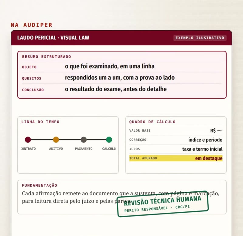 Laudo pericial em visual law com resumo estruturado, linha do tempo e quadro de c&aacute;lculo